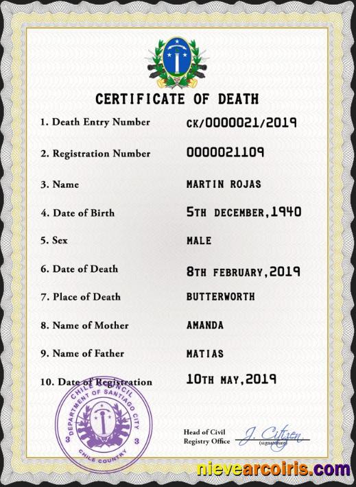 Chile vital record death certificate